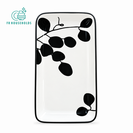 Black White Leaf Design Rectangular Serving Platter