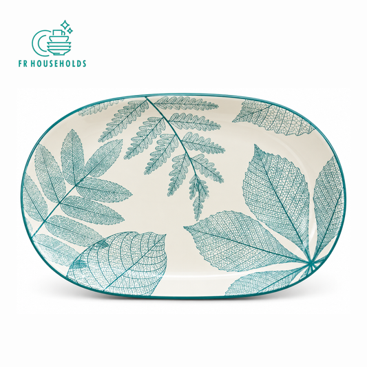 Teal Leaf Design Oval Porcelain Serving Platter – Decorative Tableware