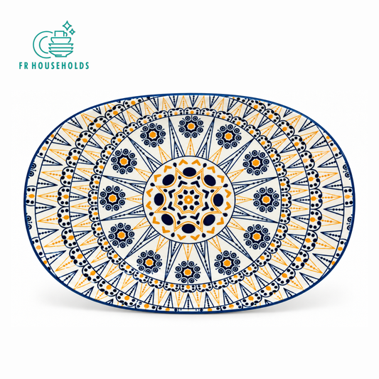 Blue White Geometric Floral Oval Serving Platter