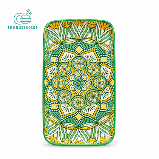 Green Yellow Mandala Floral Rectangular Serving Platter