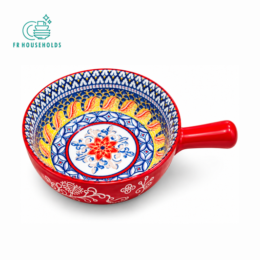 Red Blue Floral Mandala Serving Bowl with Handle