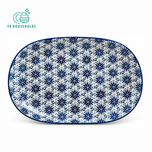 Blue & White Geometric Oval Porcelain Serving Platter – 28cm