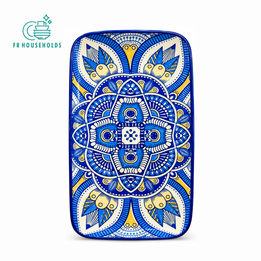 Blue White Gold Mandala Rectangular Serving Platter