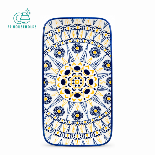 Blue White Yellow Geometric Rectangular Serving Platter