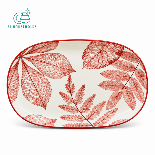 Red Leaf Design Oval Serving Platter – Decorative Botanical Tableware