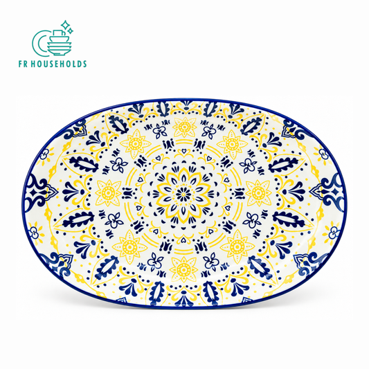 Blue & Yellow Floral Mandala Oval Serving Platter