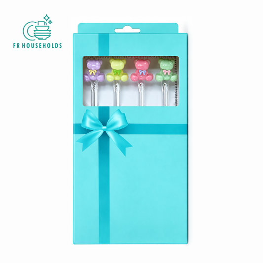 Cute Bear Drinking Straw Set – 4 Pcs with Gift Box