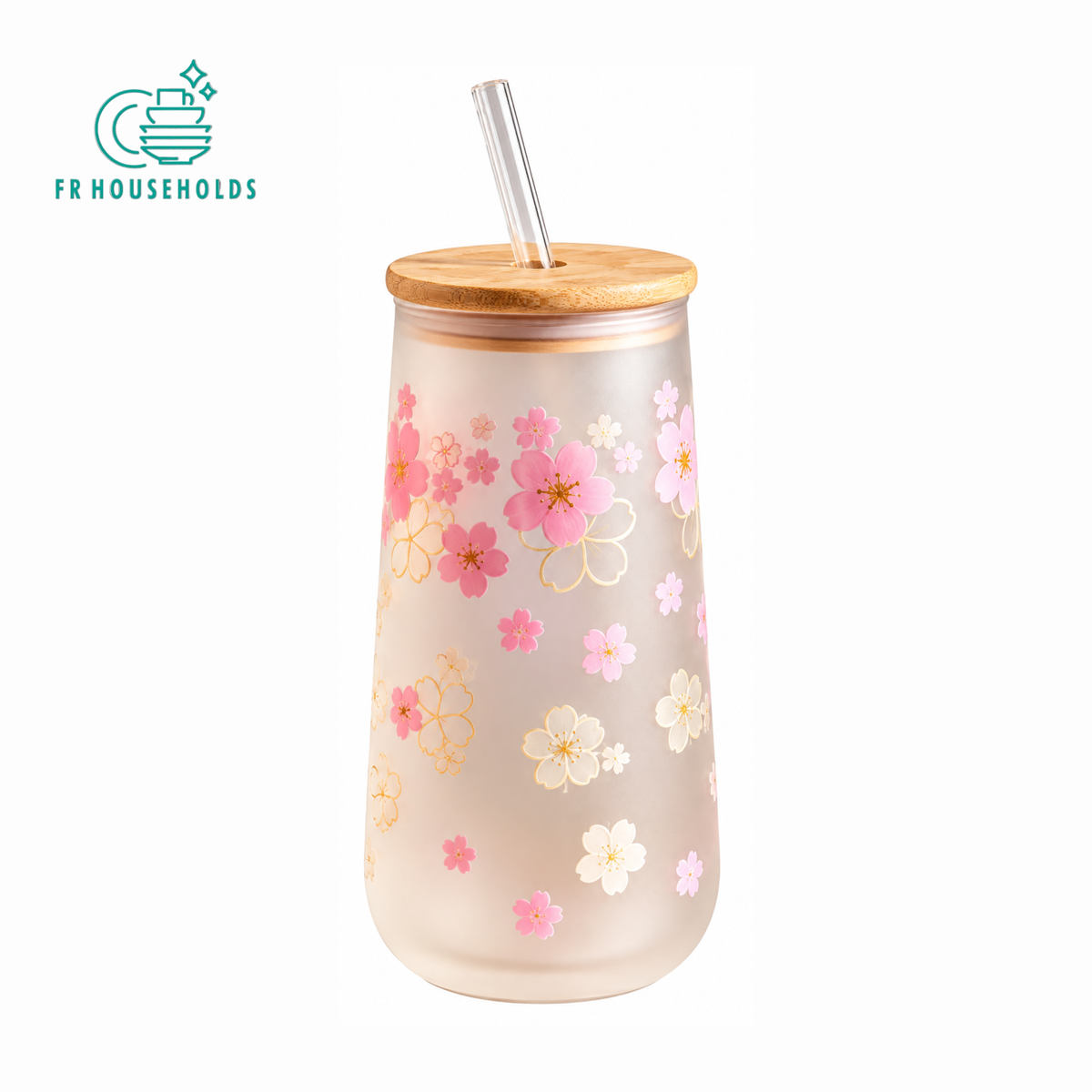 Pink Floral Glass Tumbler with Lid & Straw – Aesthetic Flower Design
