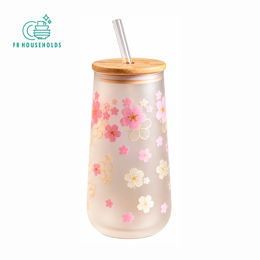 Pink Floral Glass Tumbler with Lid & Straw – Aesthetic Flower Design