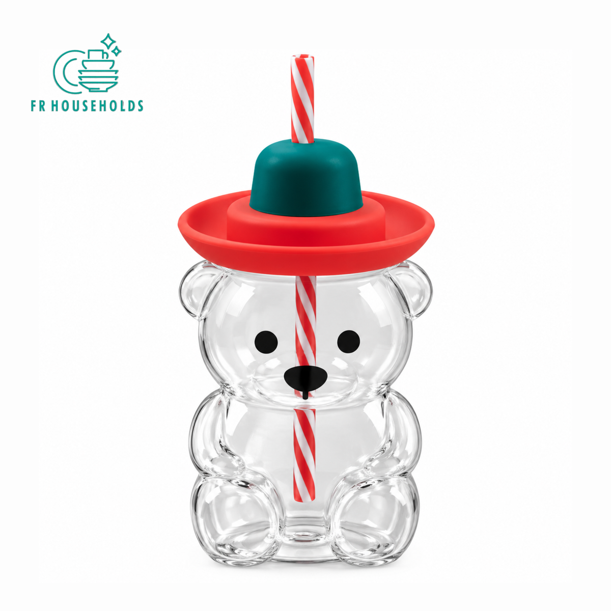 Cute Bear Shape Glass Cup with Hat Lid & Reusable Straw