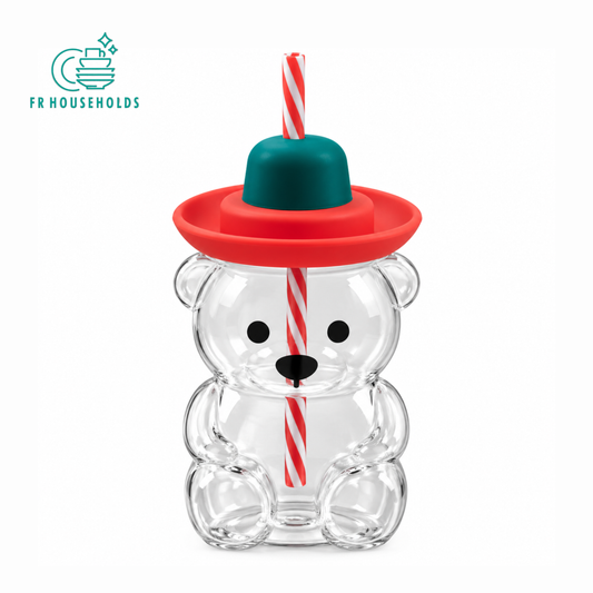 Cute Bear Shape Glass Cup with Hat Lid & Reusable Straw