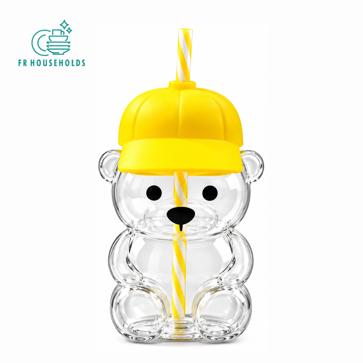 Cute Bear Shape Glass Cup with Hat Lid & Reusable Straw