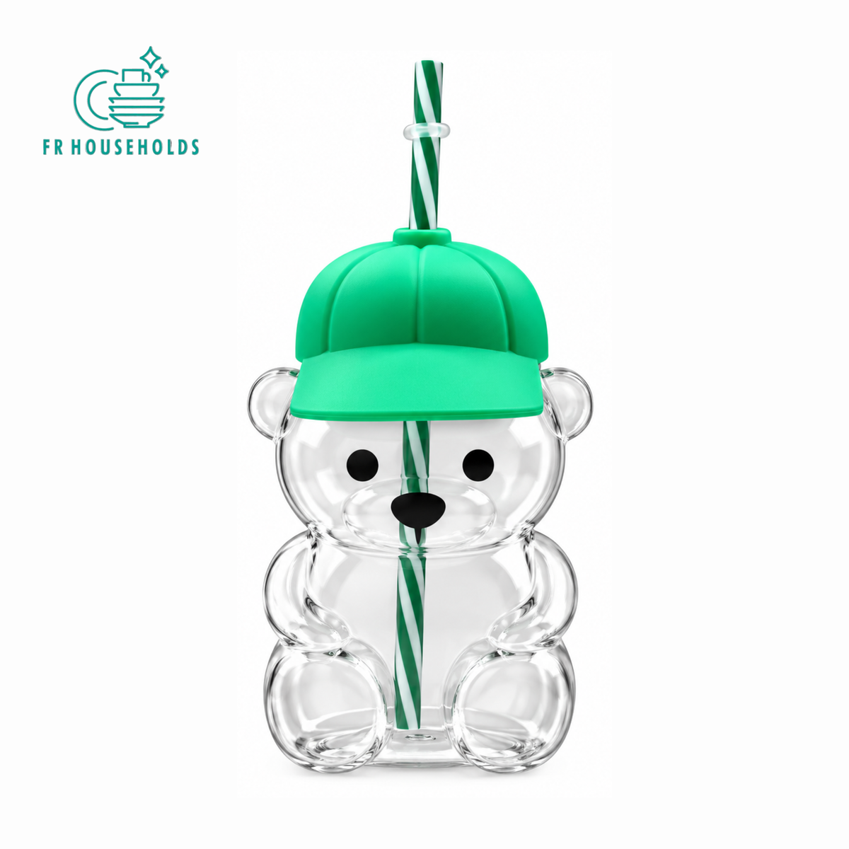 Cute Bear Shape Glass Cup with Green Hat Lid & Reusable Straw