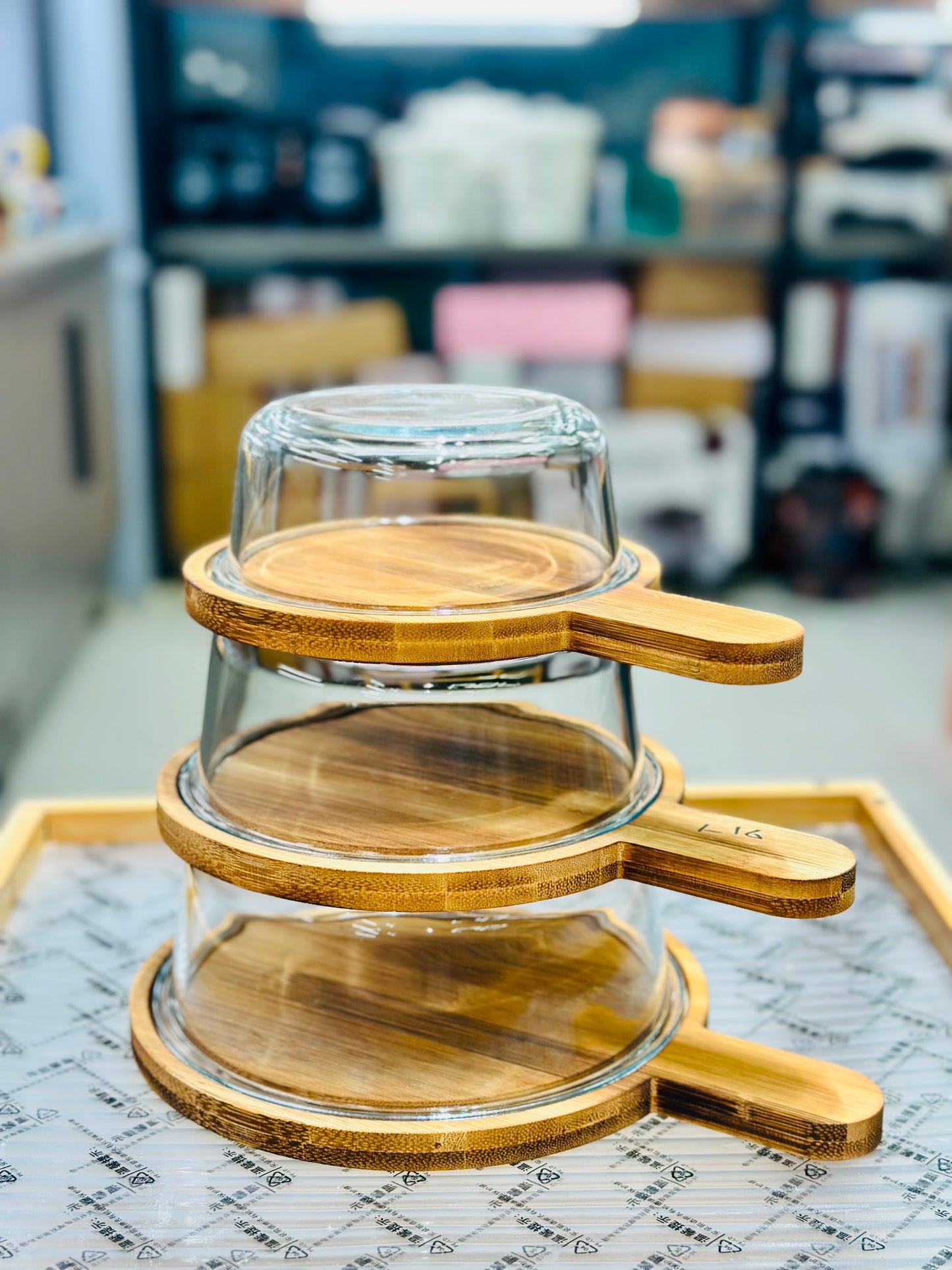 Trending Round Glass Serving Dish with Wooden Paddle Tray & Lid | FR HOUSEHOLDS