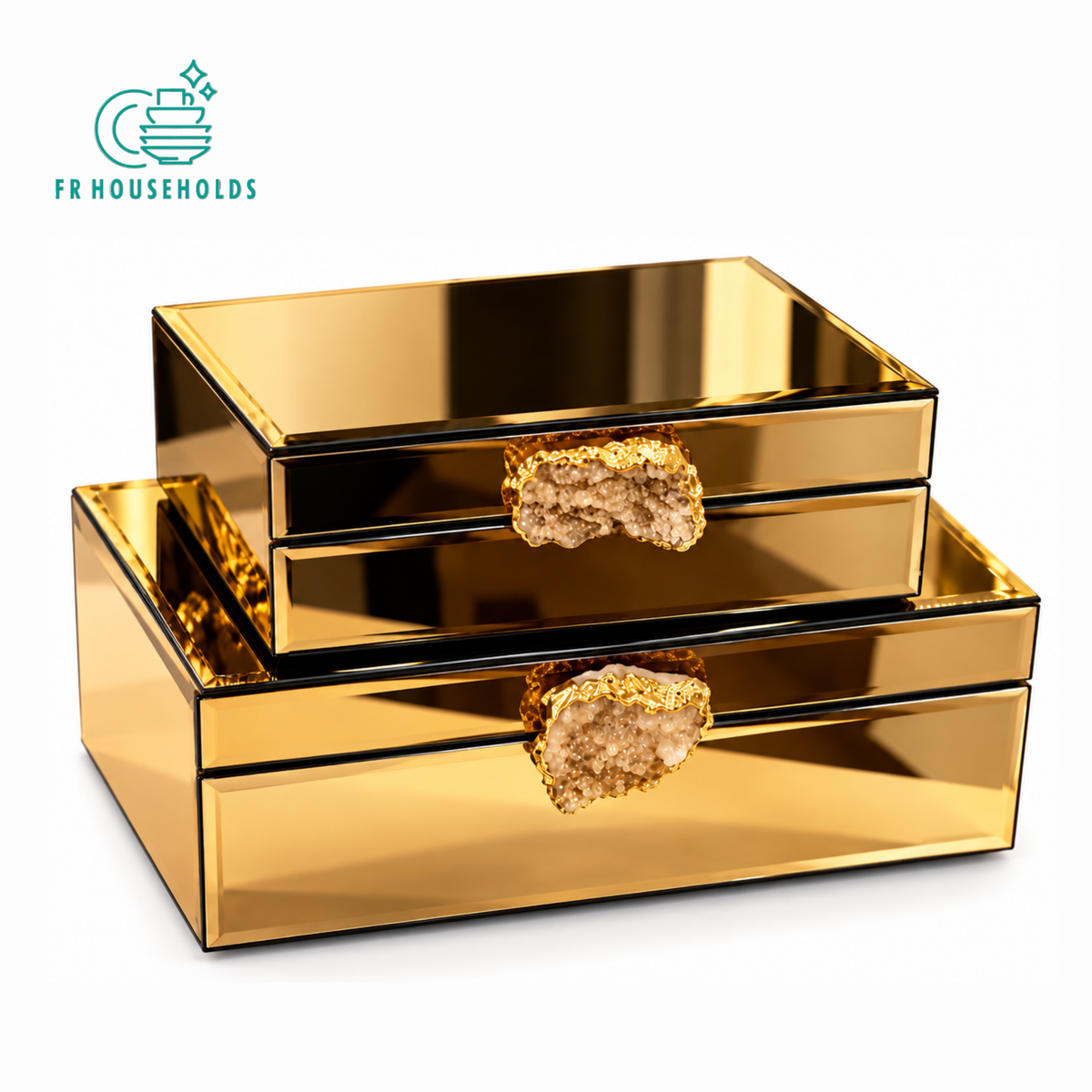 Black Gold Mirrored Jewellery Storage Box with Geode Handles