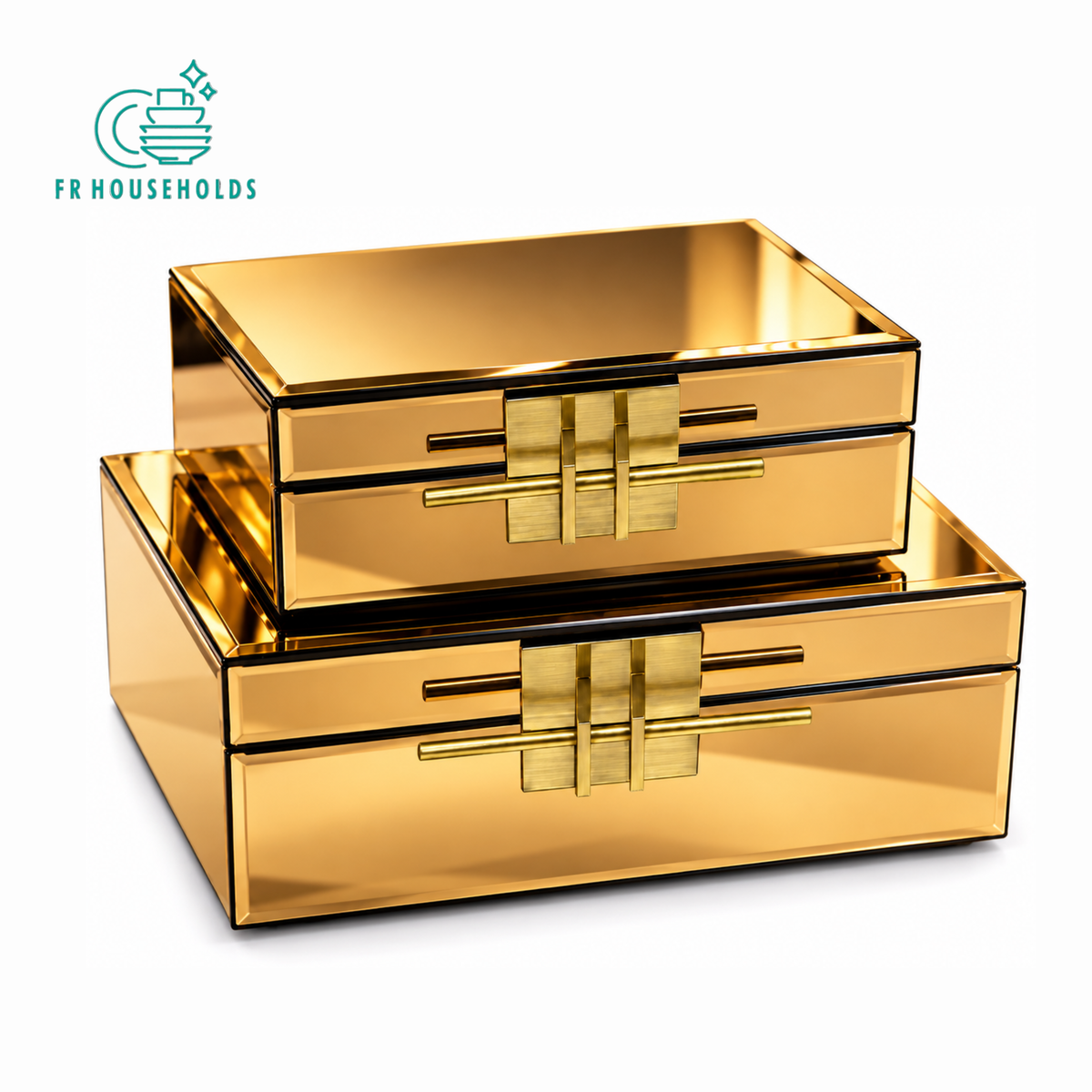 Gold Mirrored Jewellery Box with Geometric Metal Handle