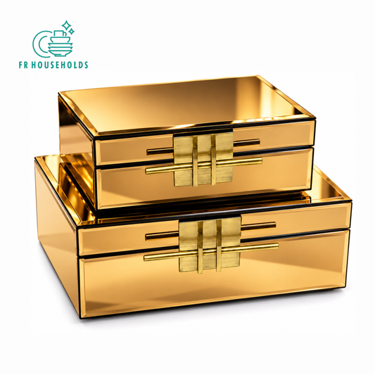 Gold Mirrored Jewellery Box with Geometric Metal Handle