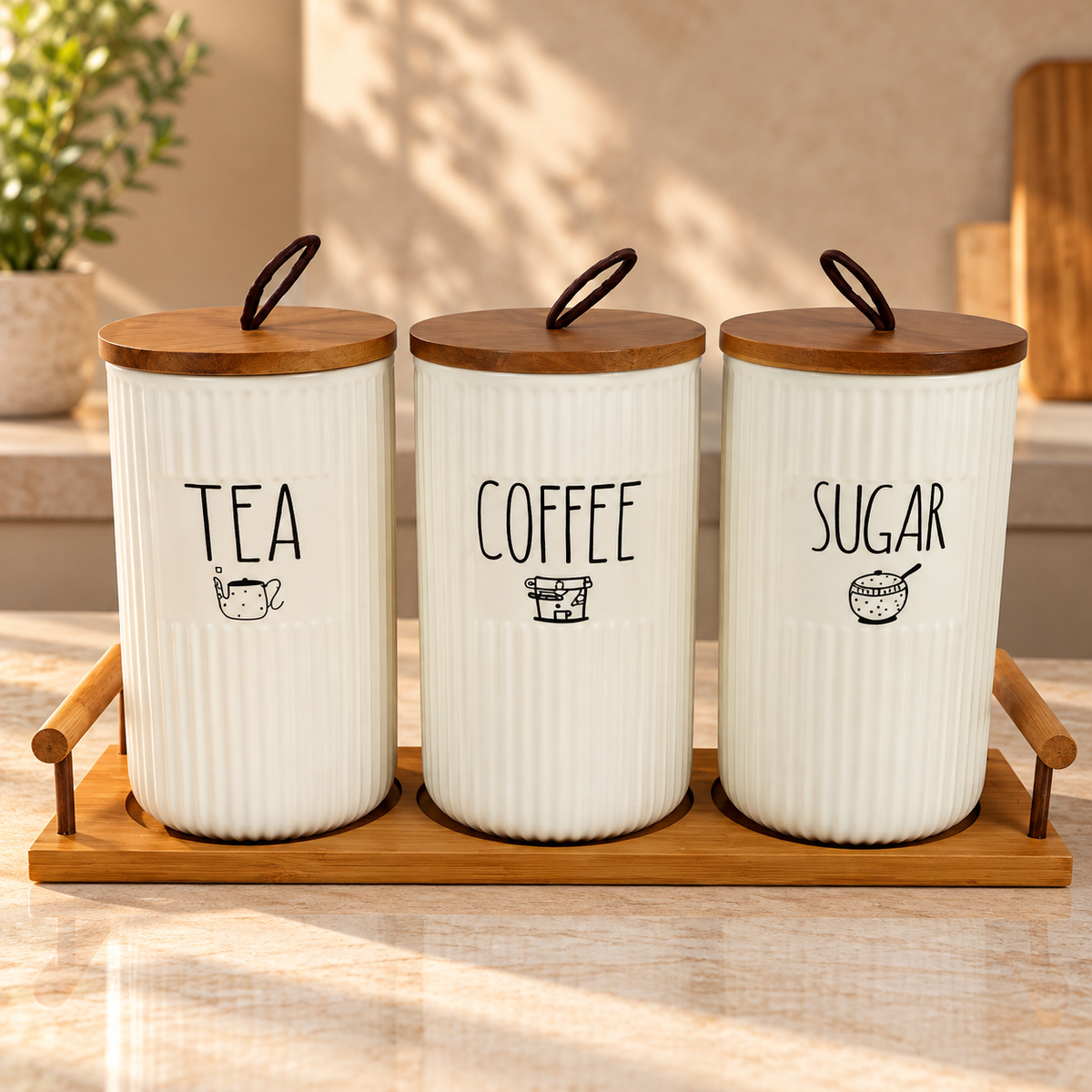 Tea coffee sugar storage canister set with wooden lids and tray for kitchen storage