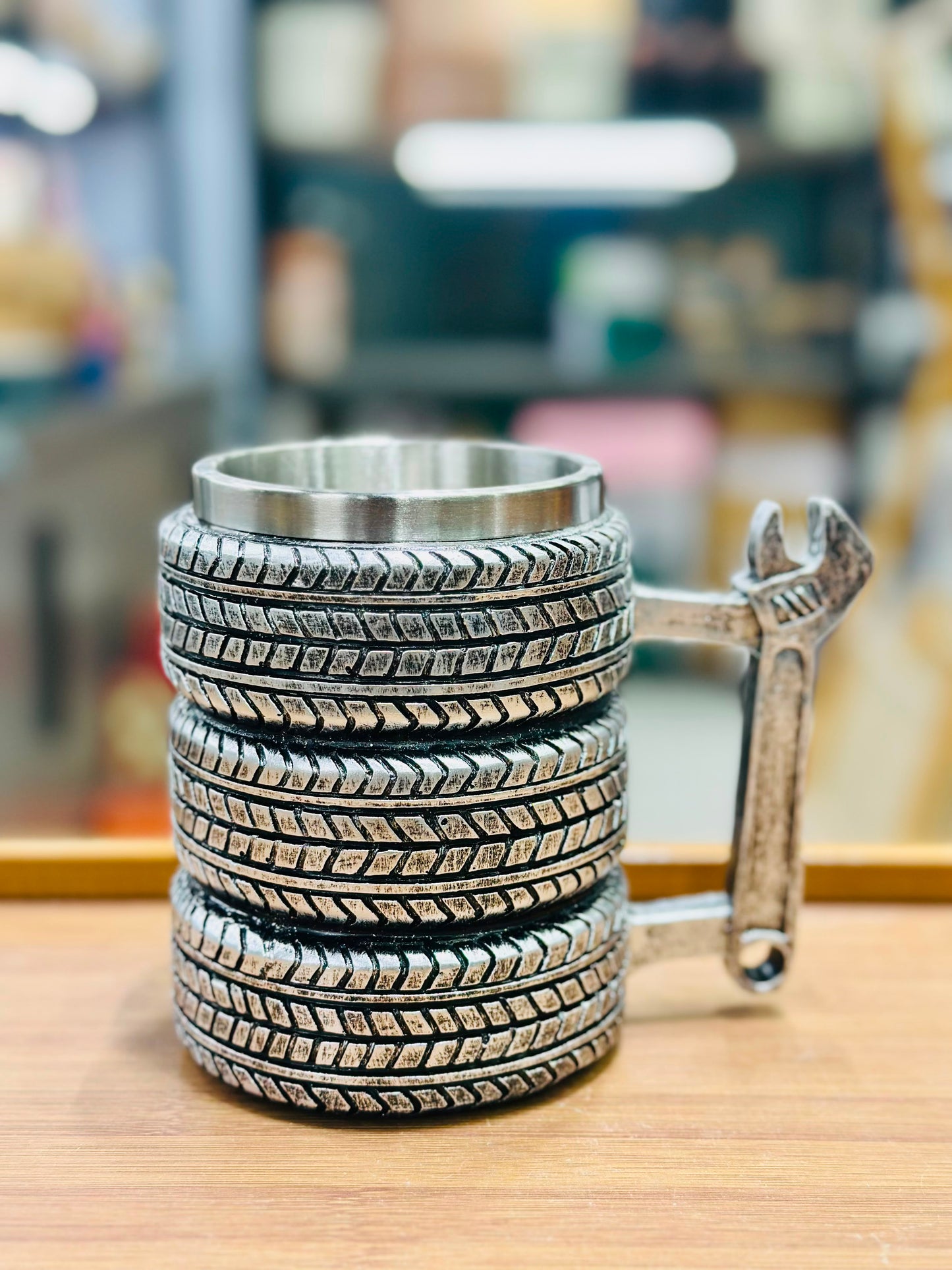 The Mechanic Stacked Tire Metal Mug with Wrench Handle | FR HOUSEHOLDS