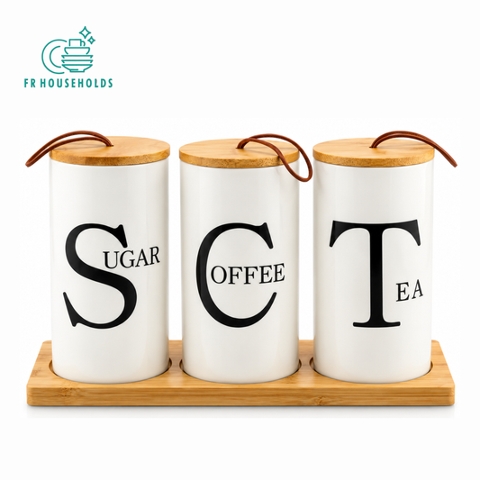 3-Piece Ceramic Sugar, Coffee, and Tea Canister Set with Wooden Tray & Lids