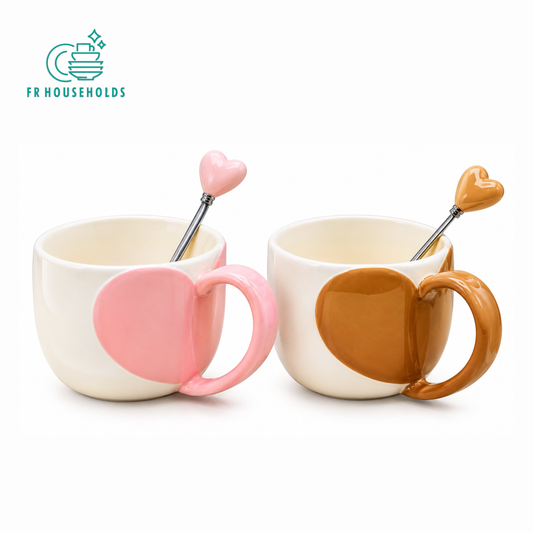 2-Piece Heart Motif Ceramic Coffee & Tea Mug Set with Matching Spoons