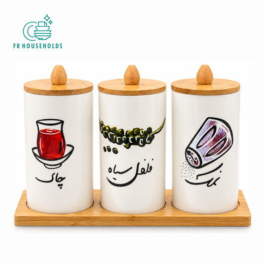 3-Piece Ceramic Kitchen Canister Set with Wooden Tray & Knob Lids