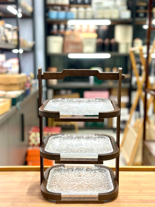 Walnut 3-Tier Serving Stand with Textured Glass Trays