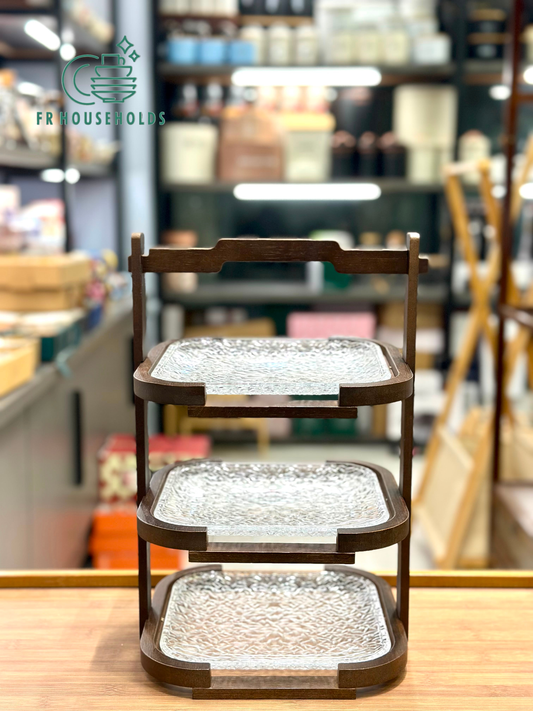 Walnut 3-Tier Serving Stand with Textured Glass Trays