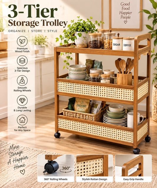 3-Tier Wooden Storage Trolley with Rattan Design & Wheels