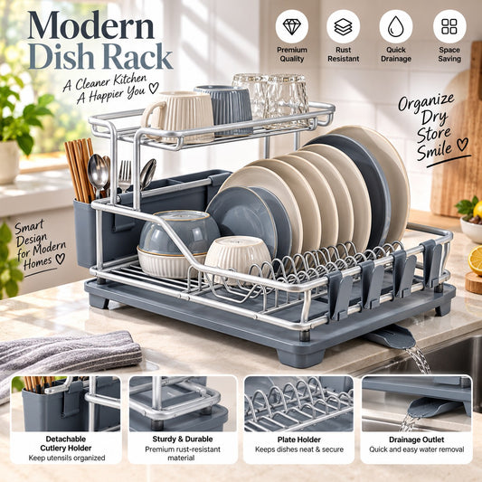 2-Tier Aluminium Dish Drying Rack with Cutlery Holder & Glass Hooks