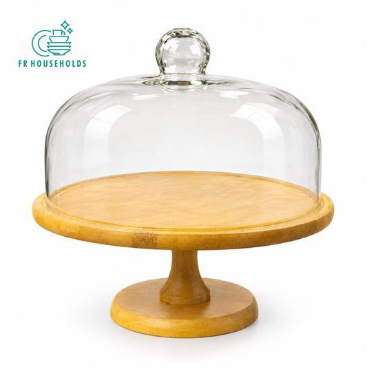 Wooden Cake Stand with Glass Dome Cover | 12inch