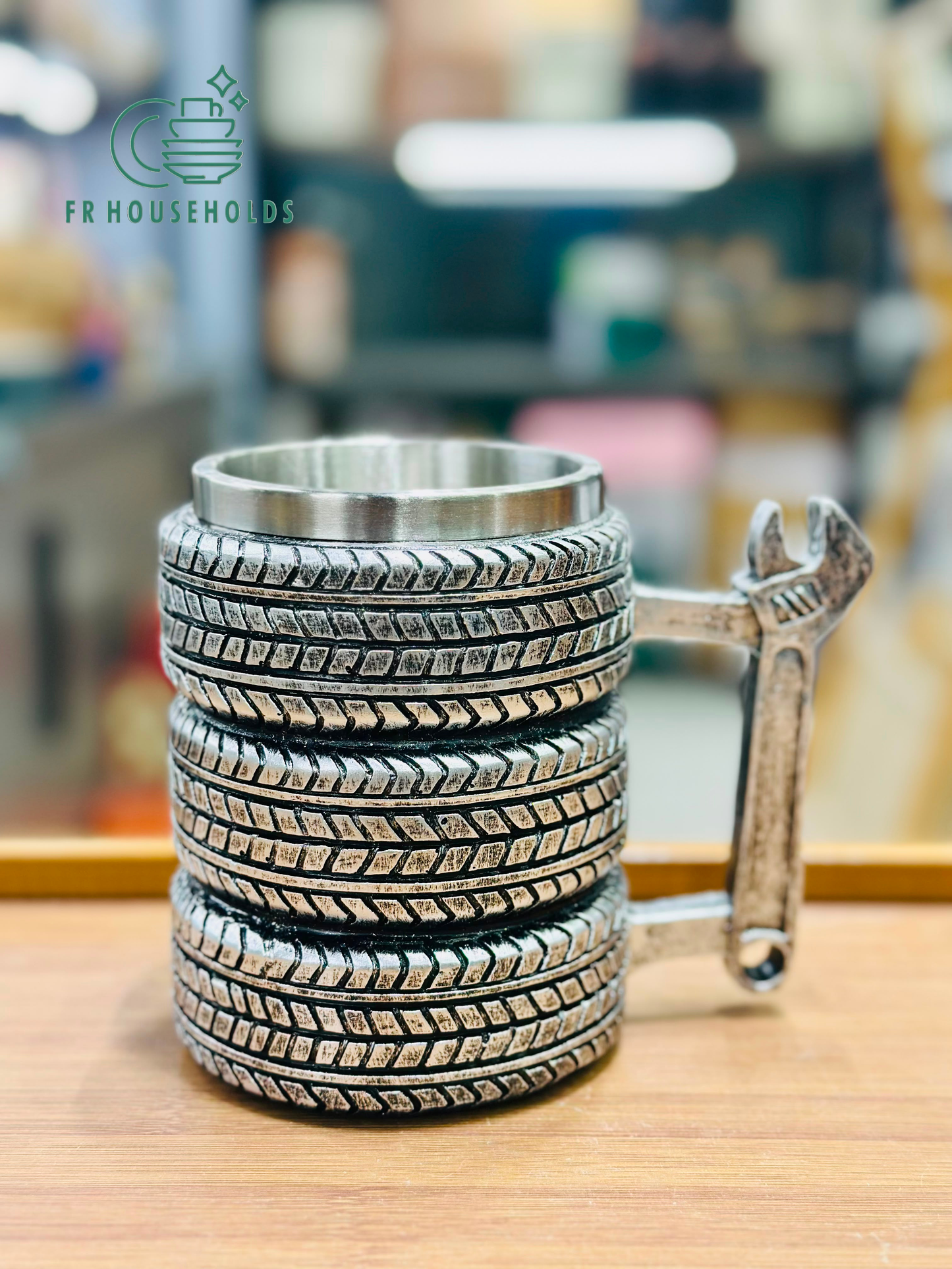 The Mechanic Stacked Tire Metal Mug with Wrench Handle | FR HOUSEHOLDS