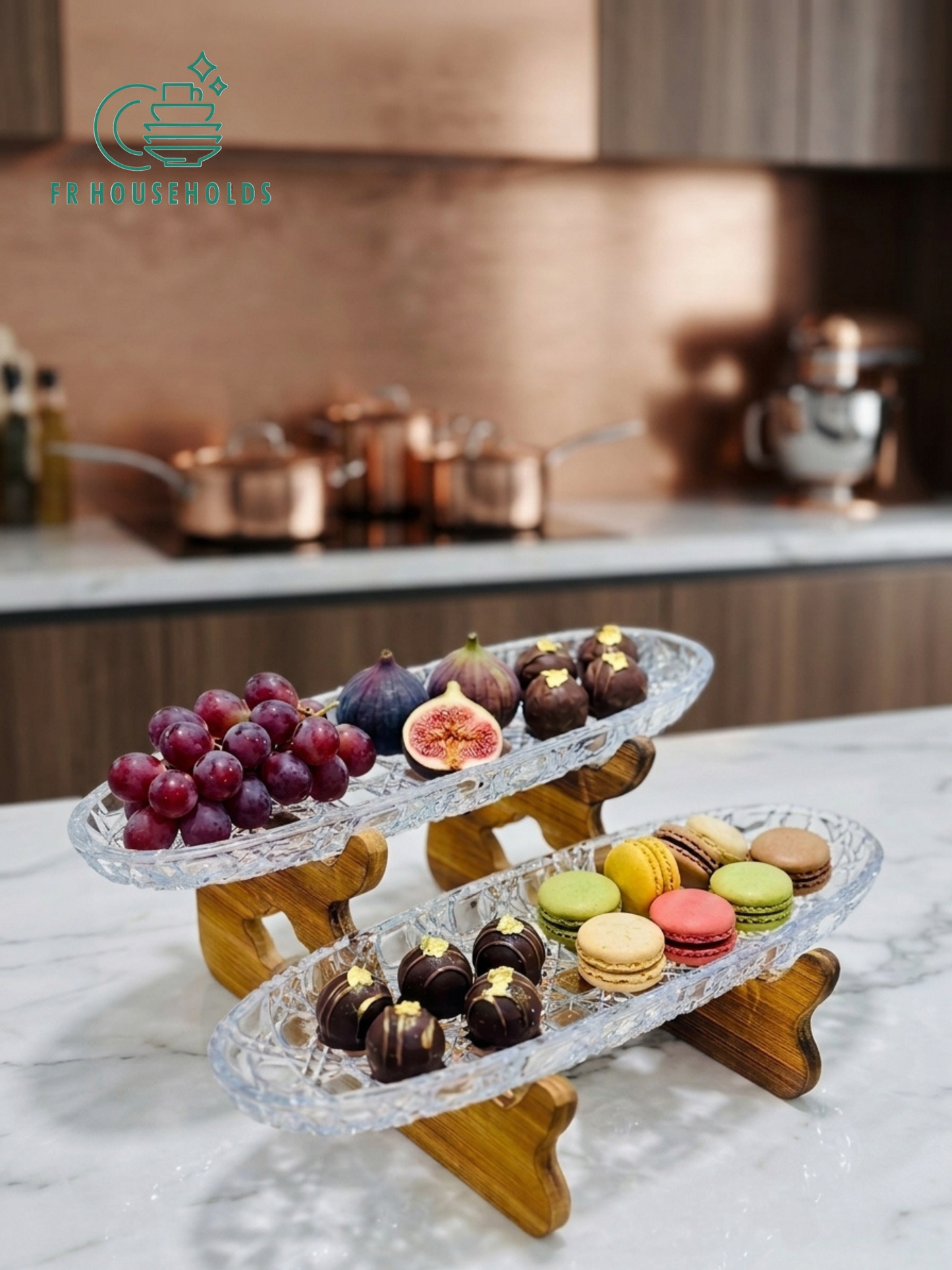 Elegant 2-Tier Crystal Glass Oval Serving Platter Set with Natural Wooden Stand | FR HOUSEHOLDS