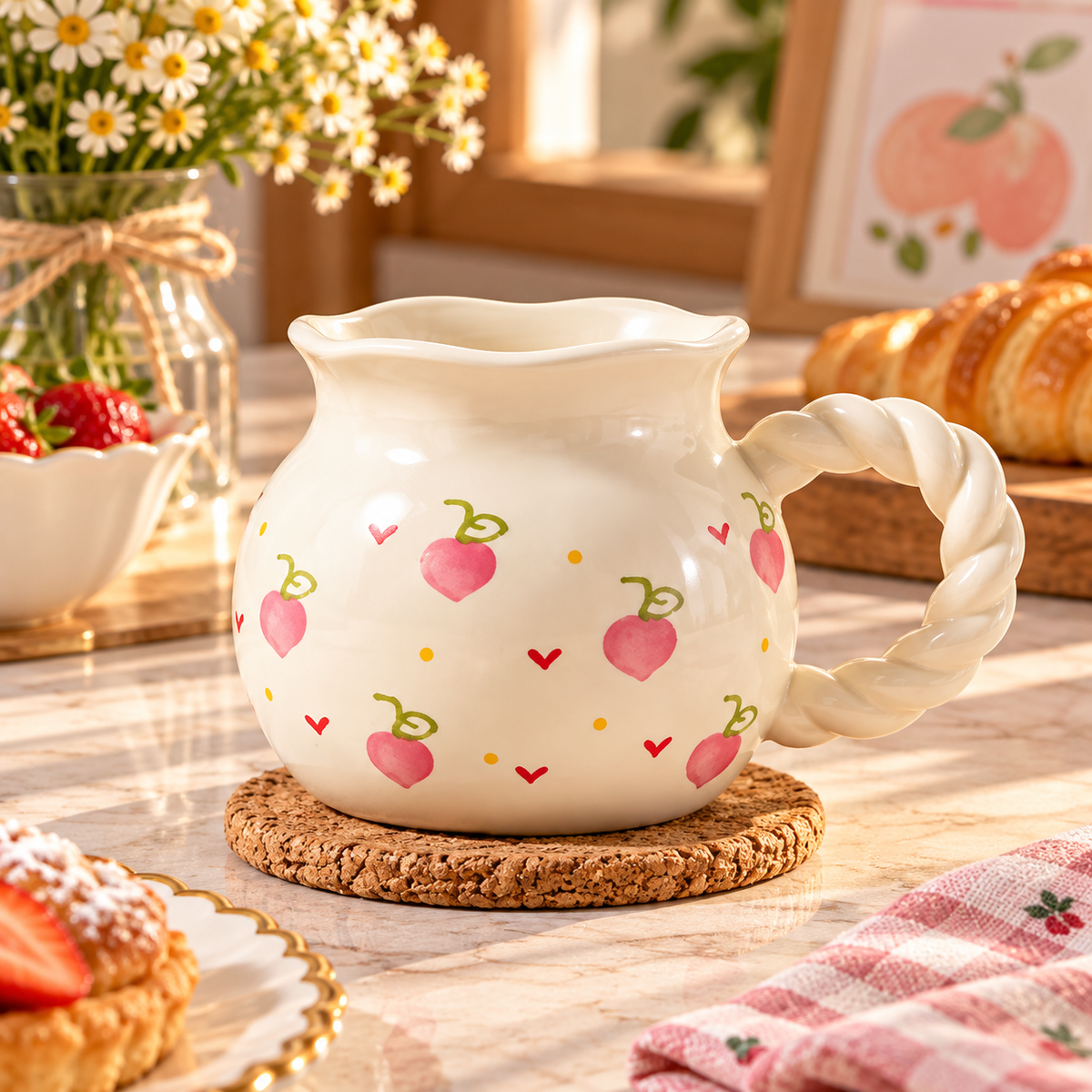 Cute Fruit Print Ceramic Mug with Twisted Handle – Different Designs