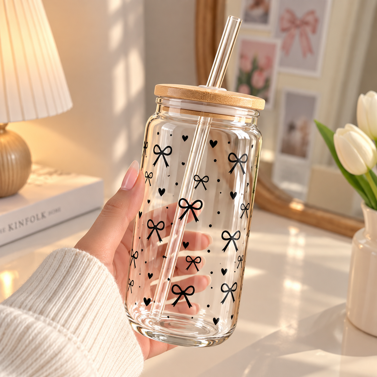 Black Bow & Heart Glass Tumbler with Lid & Straw