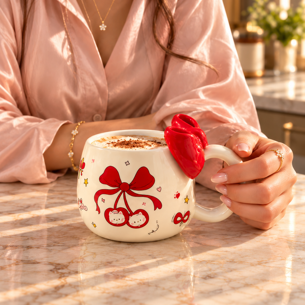Cute Ceramic Coffee Mug with Bow Handle – Available in Different Colours