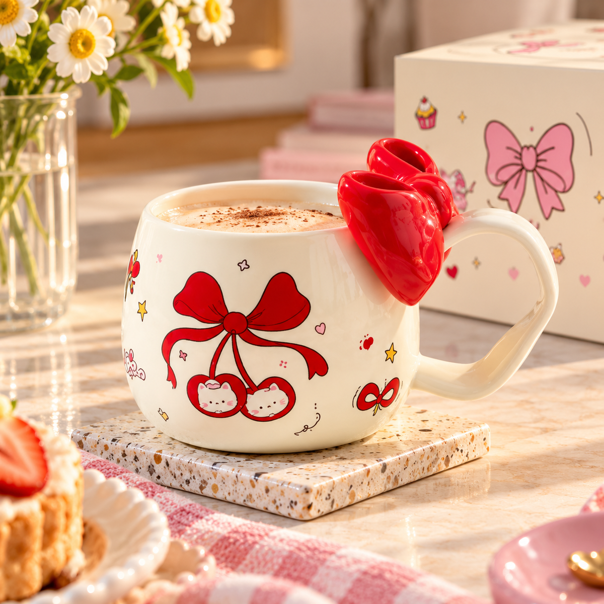 Cute Ceramic Coffee Mug with Bow Handle – Available in Different Colours