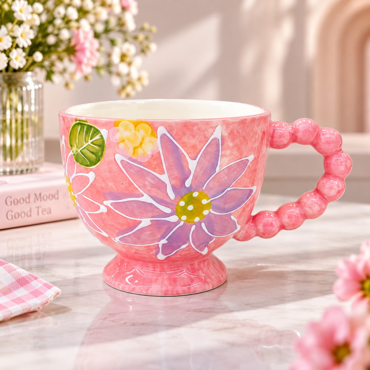 Aesthetic Floral Ceramic Mug with Beaded Handle | Hand Painted