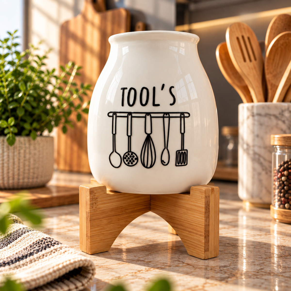 Ceramic Kitchen Tool Utensil Holder with Wooden Stand