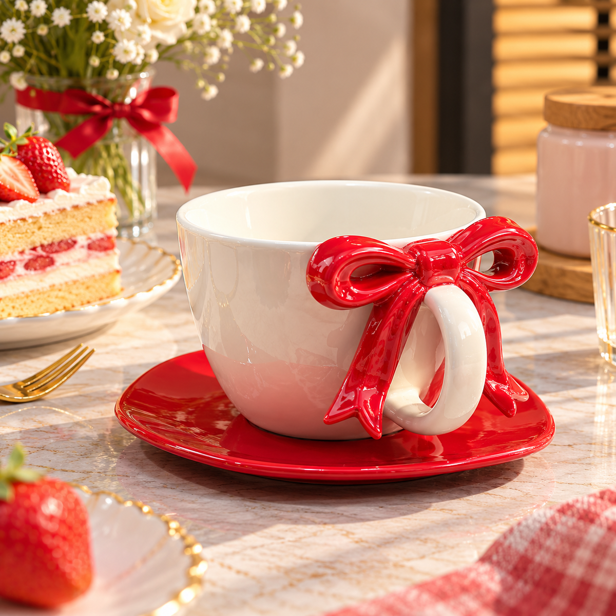 Bow Design Ceramic Tea Cup and Saucer – Available in Different Colours