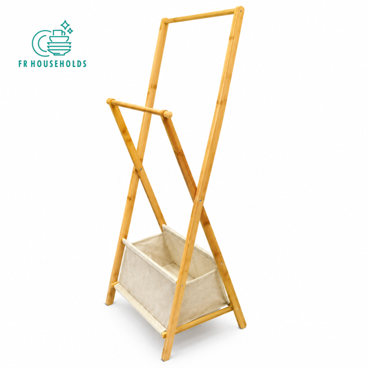 Folding Bamboo Clothes Drying Rack with Fabric Storage Basket