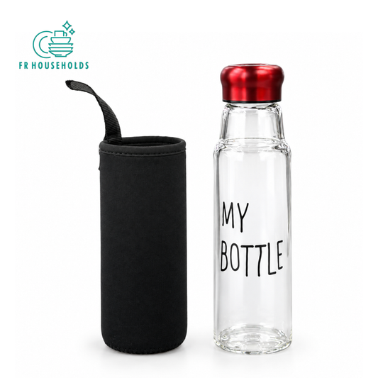 "My Bottle" Clear Glass Water Bottle with Red Cap & Neoprene Sleeve