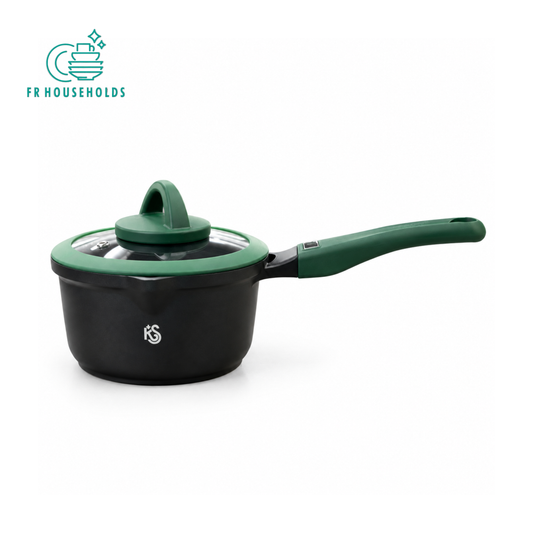 Non-Stick Saucepan with Glass Lid & Pour Spout (Green Handle)