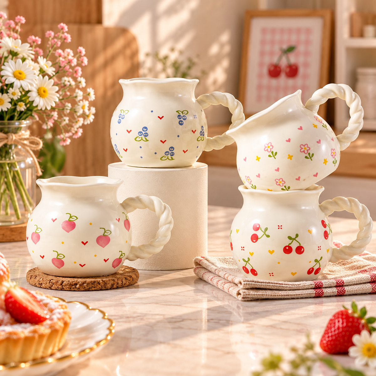 Cute Fruit Print Ceramic Mug with Twisted Handle – Different Designs