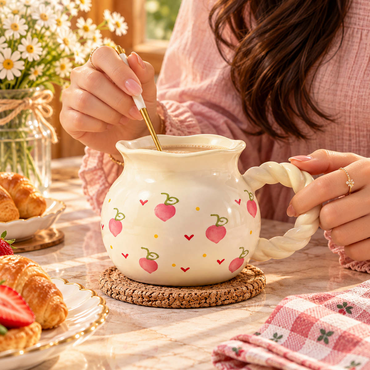 Cute Fruit Print Ceramic Mug with Twisted Handle – Different Designs