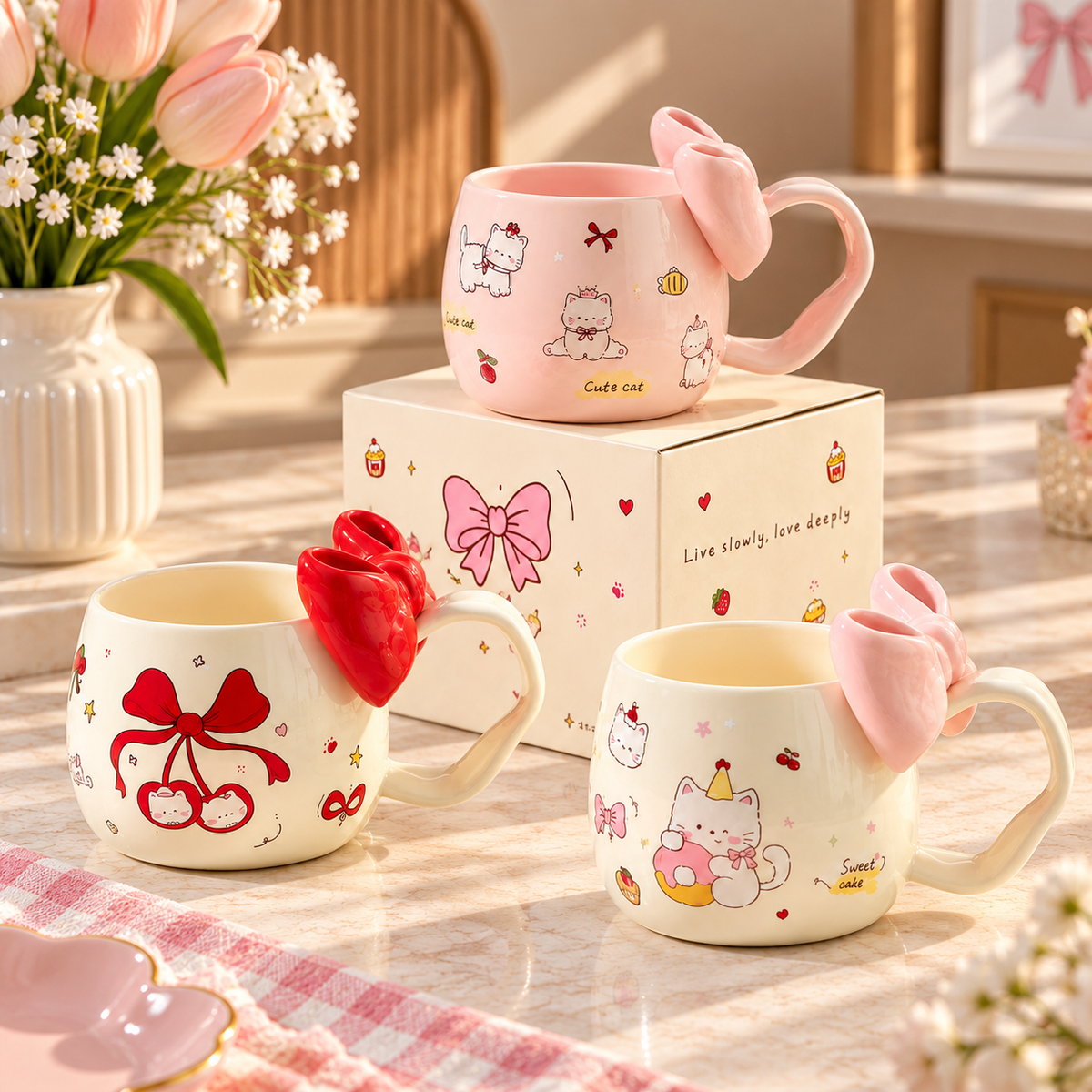 Cute Ceramic Coffee Mug with Bow Handle – Available in Different Colours