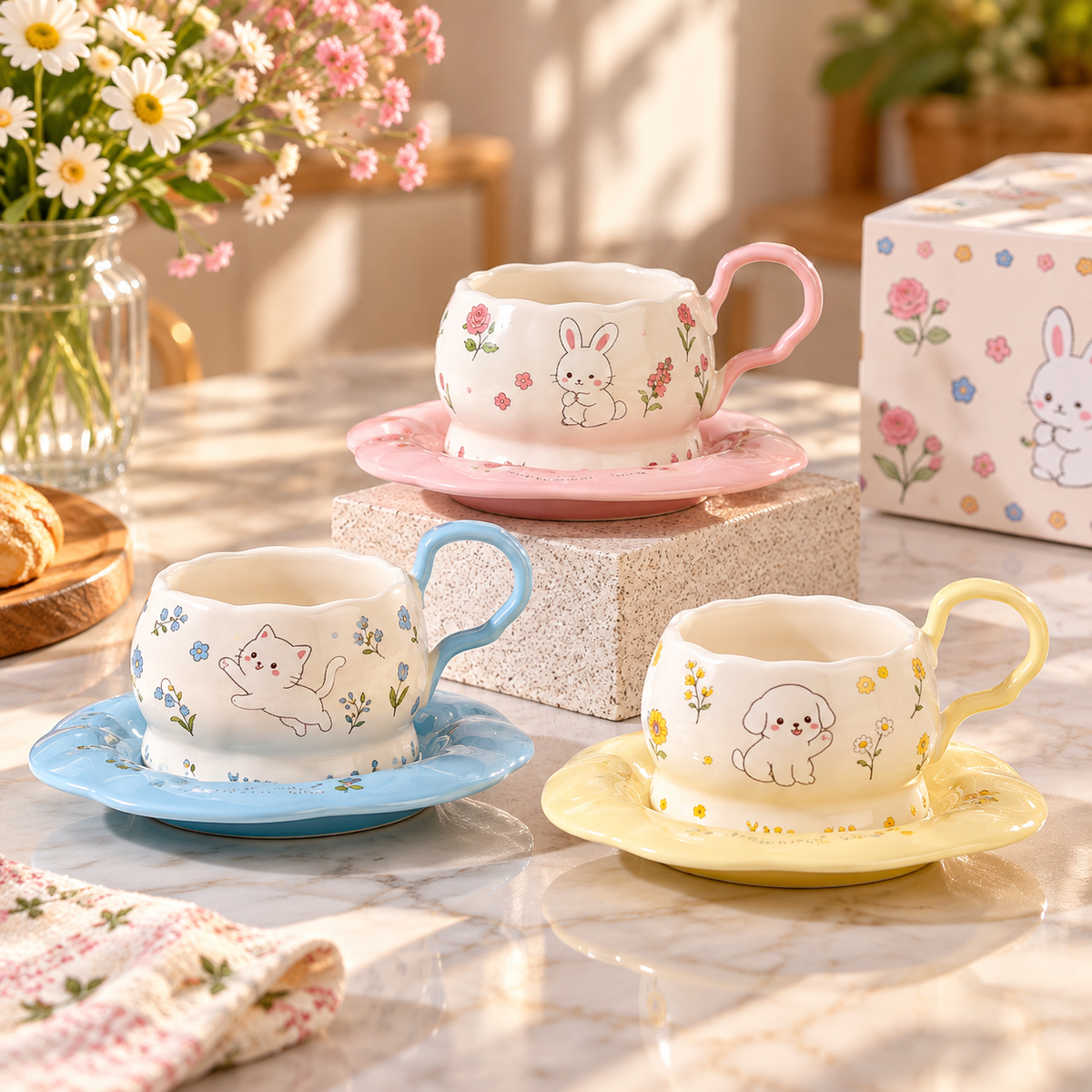 Cute Animal Print Ceramic Tea Cup and Saucer – Different Colours