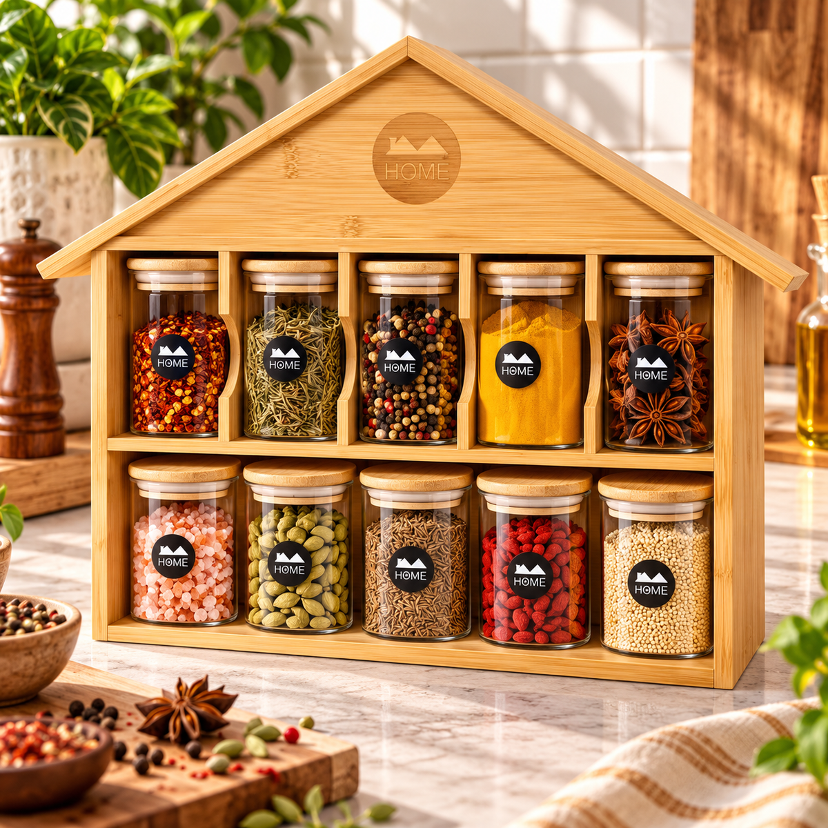 9 Piece Spice Jar Set with House-Shaped Storage Rack – Kitchen Organizer