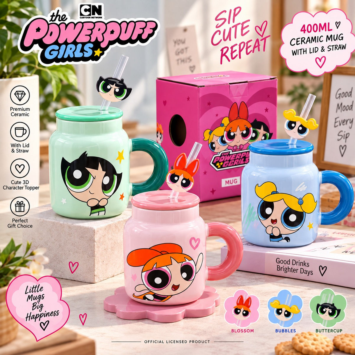 The Powerpuff Girls 400ml Ceramic Mug with Lid & Straw