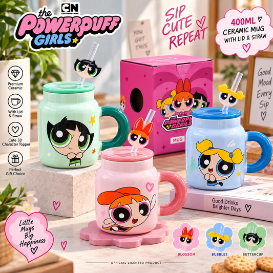The Powerpuff Girls 400ml Ceramic Mug with Lid & Straw